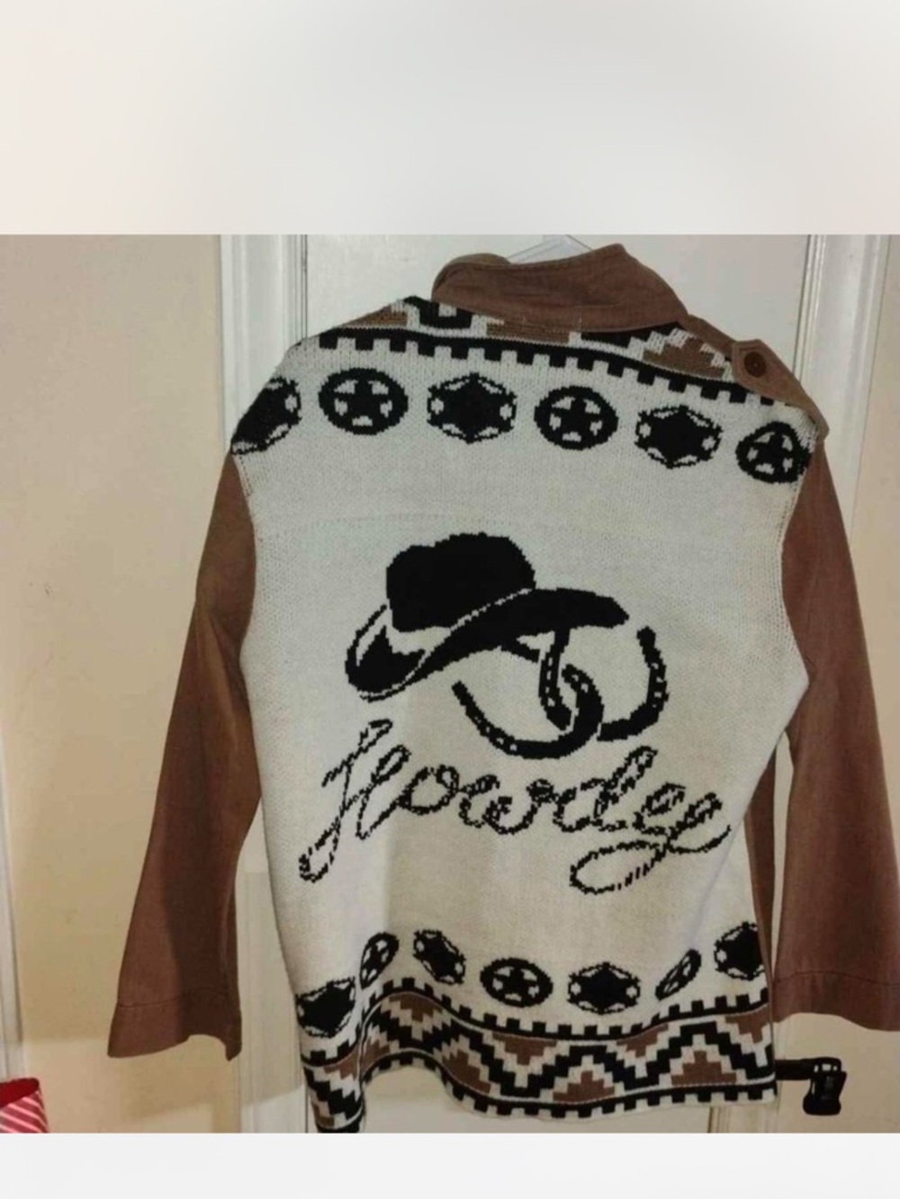 Wild Moss Western Graphic Knit Back Jacket in White and Brown M NWT